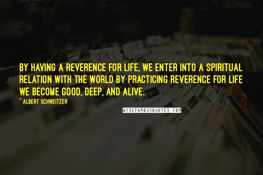 Albert Schweitzer Quotes: By having a reverence for life, we enter into a spiritual relation with the world By practicing reverence for life we become good, deep, and alive.