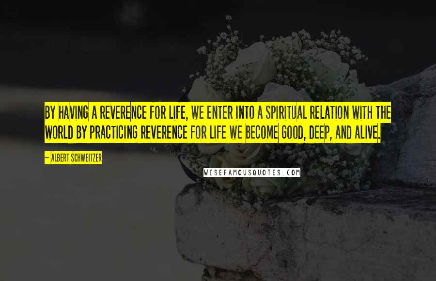 Albert Schweitzer Quotes: By having a reverence for life, we enter into a spiritual relation with the world By practicing reverence for life we become good, deep, and alive.