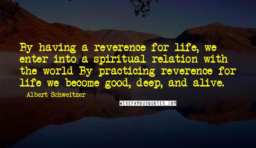 Albert Schweitzer Quotes: By having a reverence for life, we enter into a spiritual relation with the world By practicing reverence for life we become good, deep, and alive.