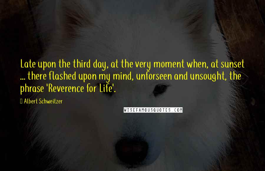 Albert Schweitzer Quotes: Late upon the third day, at the very moment when, at sunset ... there flashed upon my mind, unforseen and unsought, the phrase 'Reverence for Life'.