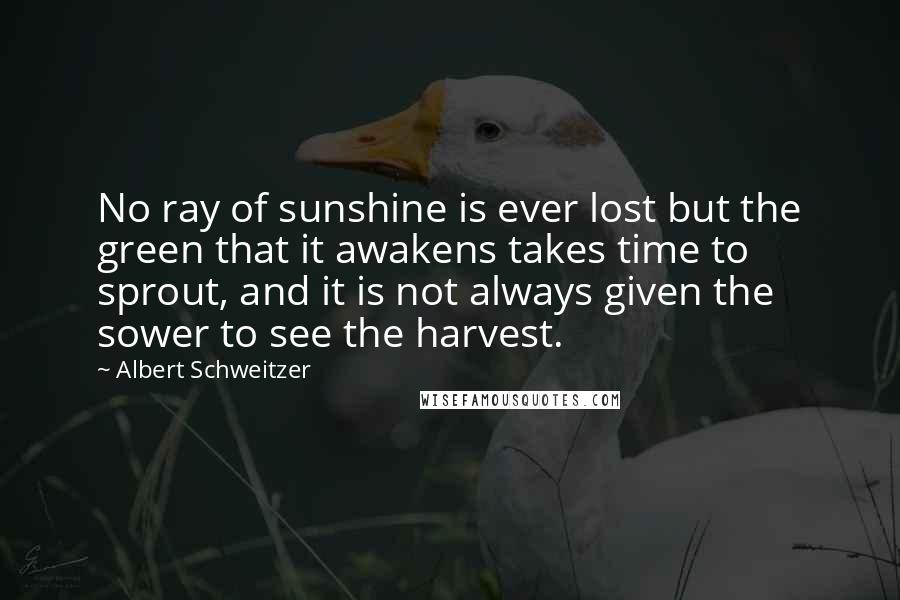 Albert Schweitzer Quotes: No ray of sunshine is ever lost but the green that it awakens takes time to sprout, and it is not always given the sower to see the harvest.