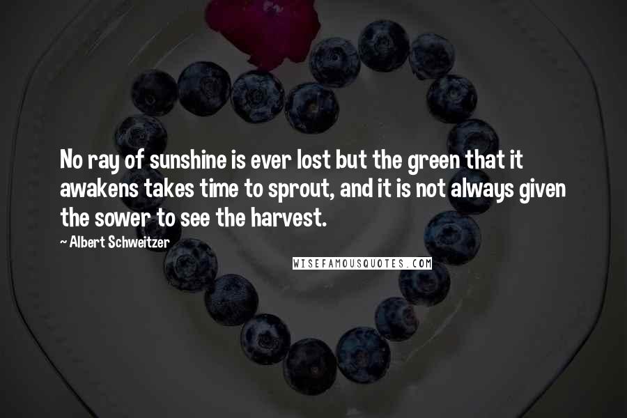 Albert Schweitzer Quotes: No ray of sunshine is ever lost but the green that it awakens takes time to sprout, and it is not always given the sower to see the harvest.