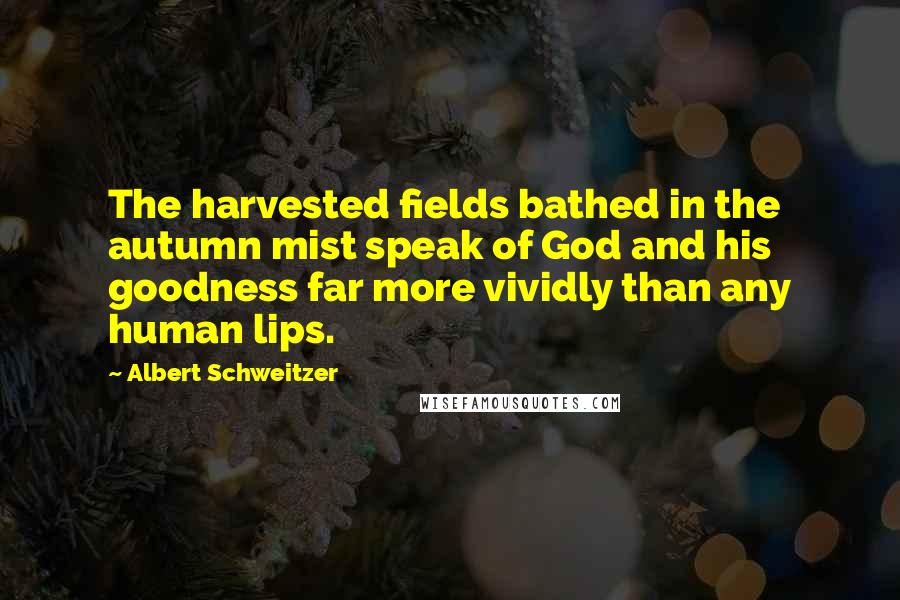 Albert Schweitzer Quotes: The harvested fields bathed in the autumn mist speak of God and his goodness far more vividly than any human lips.