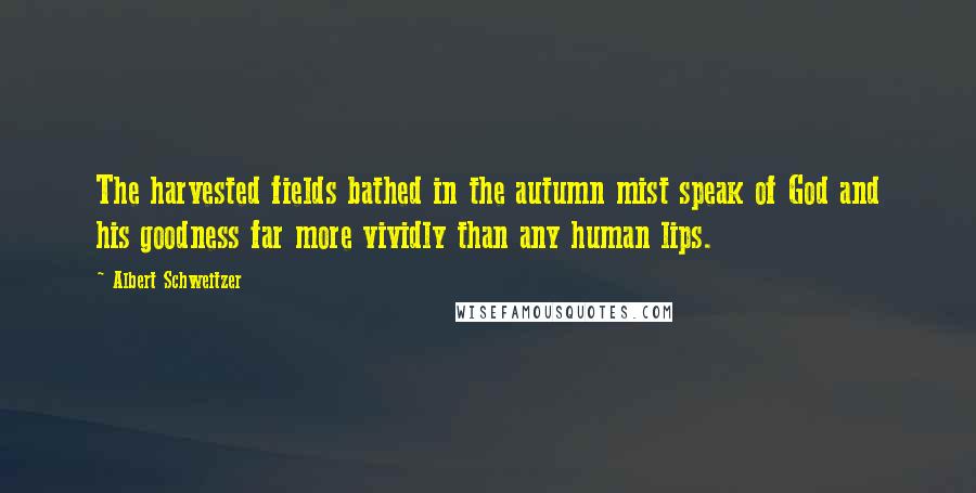 Albert Schweitzer Quotes: The harvested fields bathed in the autumn mist speak of God and his goodness far more vividly than any human lips.