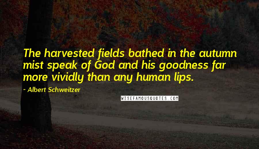 Albert Schweitzer Quotes: The harvested fields bathed in the autumn mist speak of God and his goodness far more vividly than any human lips.