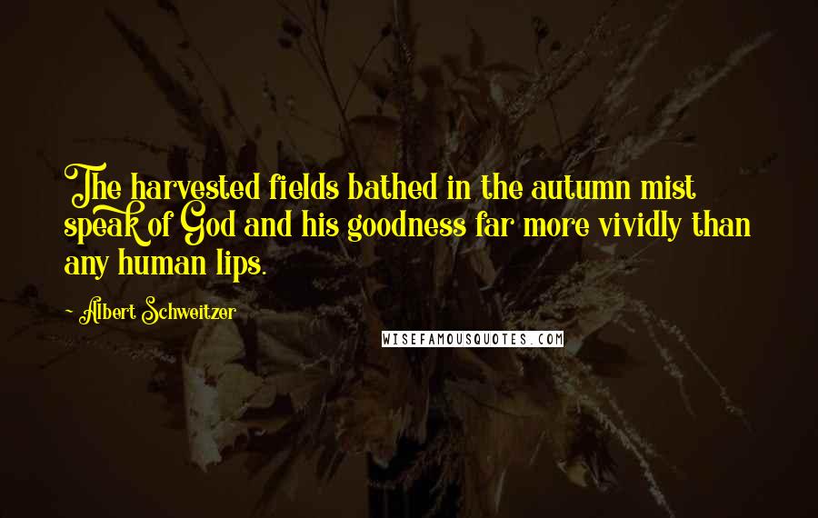 Albert Schweitzer Quotes: The harvested fields bathed in the autumn mist speak of God and his goodness far more vividly than any human lips.