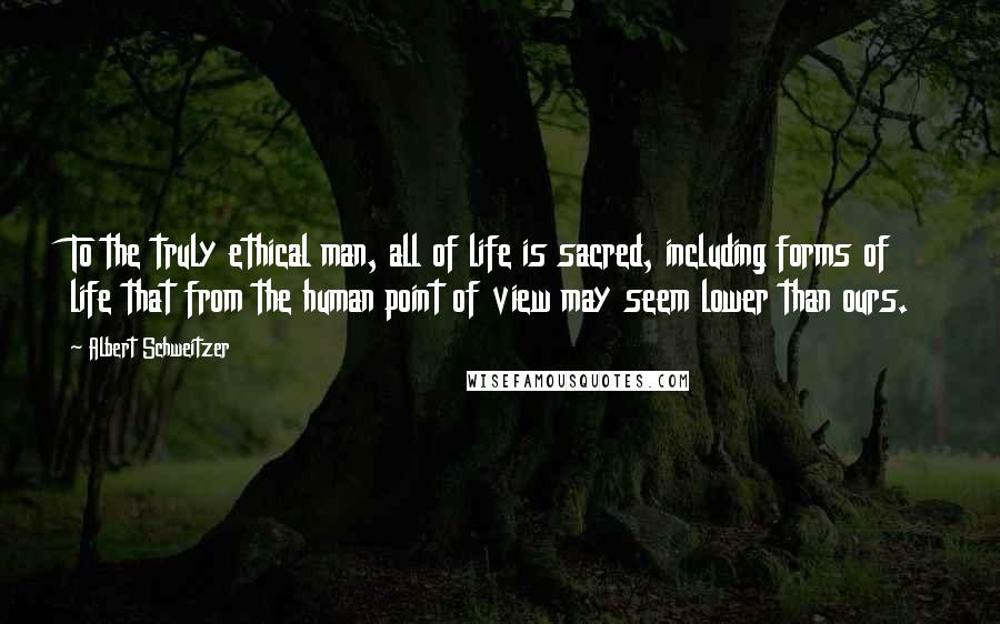 Albert Schweitzer Quotes: To the truly ethical man, all of life is sacred, including forms of life that from the human point of view may seem lower than ours.