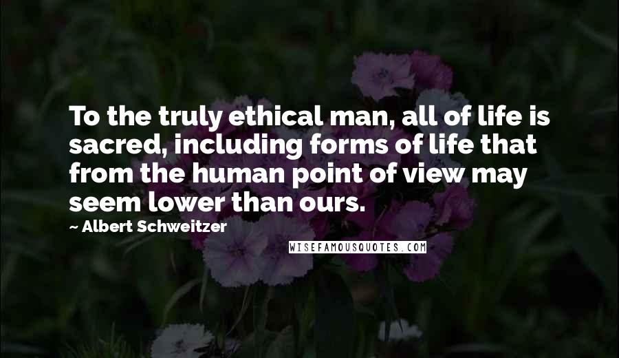 Albert Schweitzer Quotes: To the truly ethical man, all of life is sacred, including forms of life that from the human point of view may seem lower than ours.