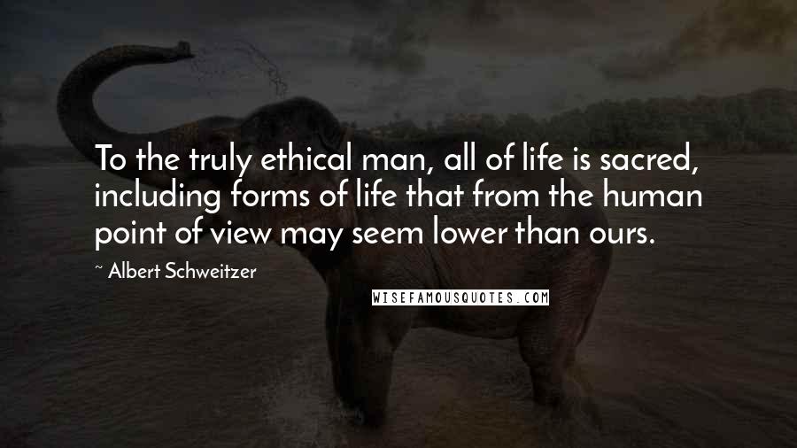 Albert Schweitzer Quotes: To the truly ethical man, all of life is sacred, including forms of life that from the human point of view may seem lower than ours.