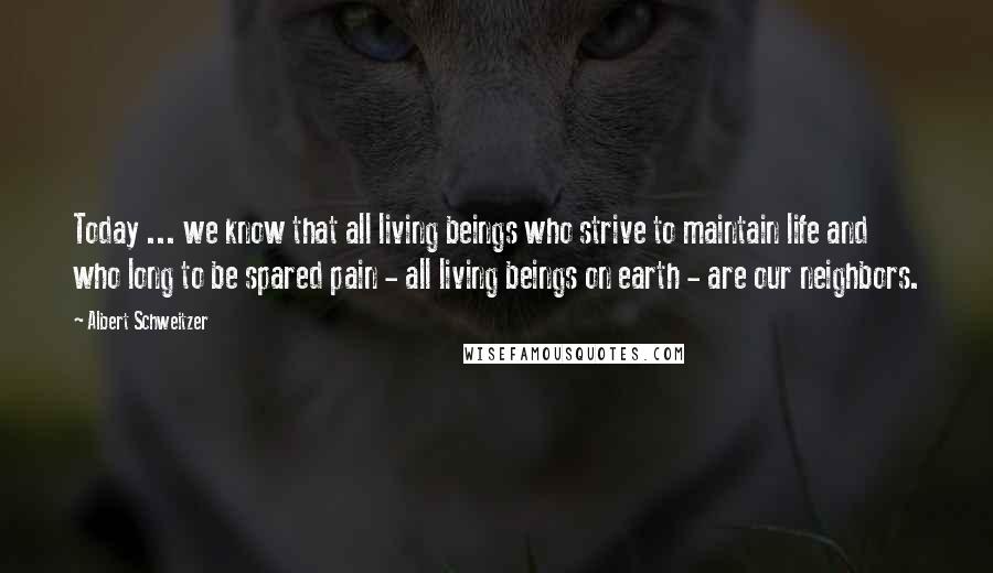 Albert Schweitzer Quotes: Today ... we know that all living beings who strive to maintain life and who long to be spared pain - all living beings on earth - are our neighbors.