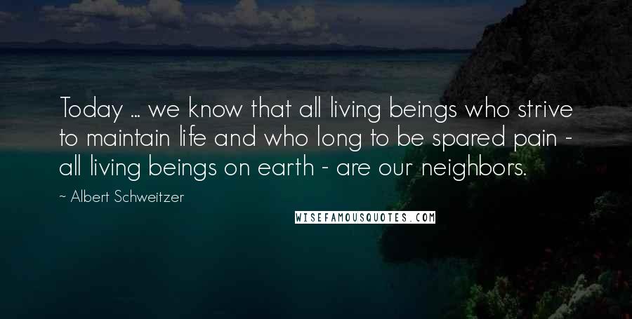 Albert Schweitzer Quotes: Today ... we know that all living beings who strive to maintain life and who long to be spared pain - all living beings on earth - are our neighbors.