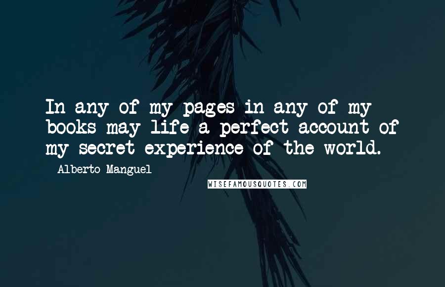 Alberto Manguel Quotes: In any of my pages in any of my books may life a perfect account of my secret experience of the world.