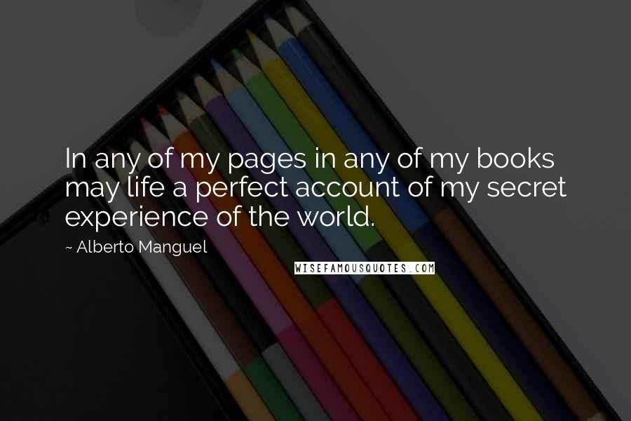 Alberto Manguel Quotes: In any of my pages in any of my books may life a perfect account of my secret experience of the world.