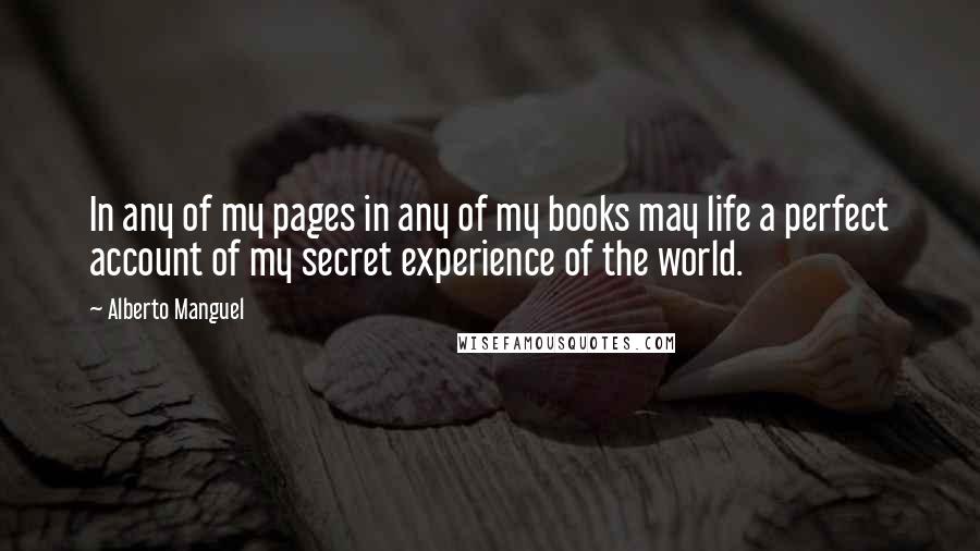Alberto Manguel Quotes: In any of my pages in any of my books may life a perfect account of my secret experience of the world.