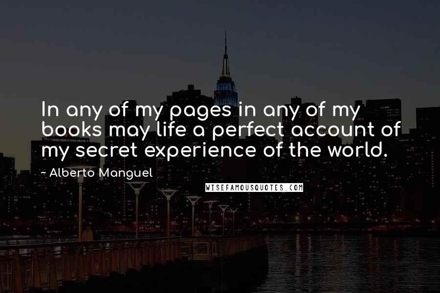 Alberto Manguel Quotes: In any of my pages in any of my books may life a perfect account of my secret experience of the world.