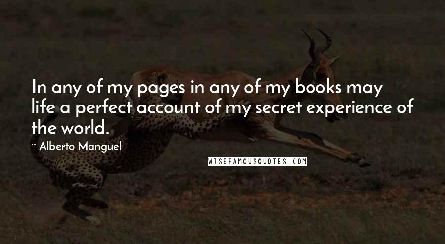 Alberto Manguel Quotes: In any of my pages in any of my books may life a perfect account of my secret experience of the world.