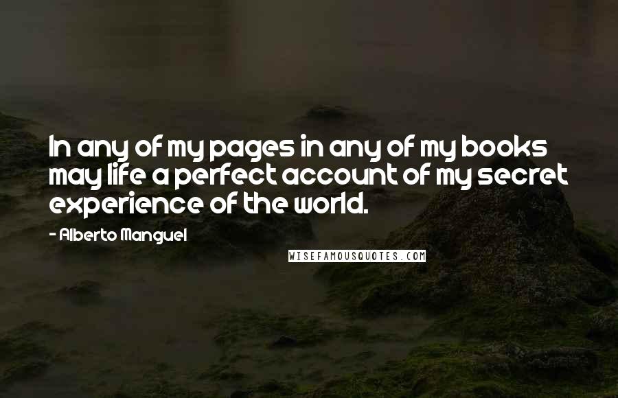 Alberto Manguel Quotes: In any of my pages in any of my books may life a perfect account of my secret experience of the world.