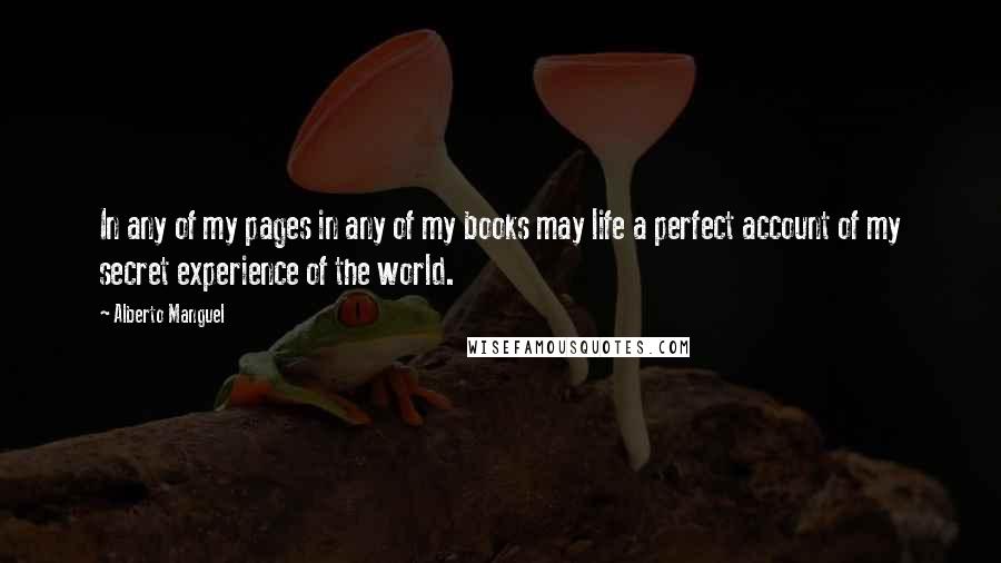 Alberto Manguel Quotes: In any of my pages in any of my books may life a perfect account of my secret experience of the world.