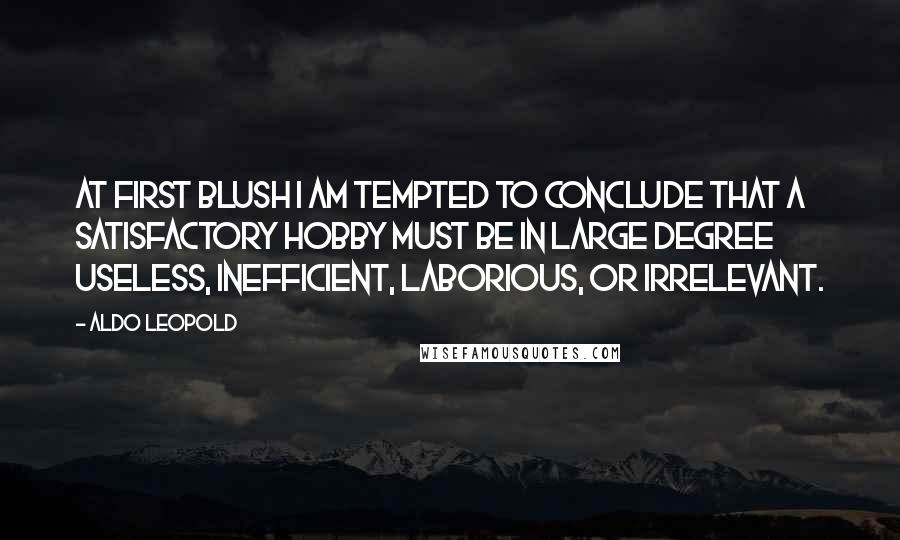 Aldo Leopold Quotes: At first blush I am tempted to conclude that a satisfactory hobby must be in large degree useless, inefficient, laborious, or irrelevant.