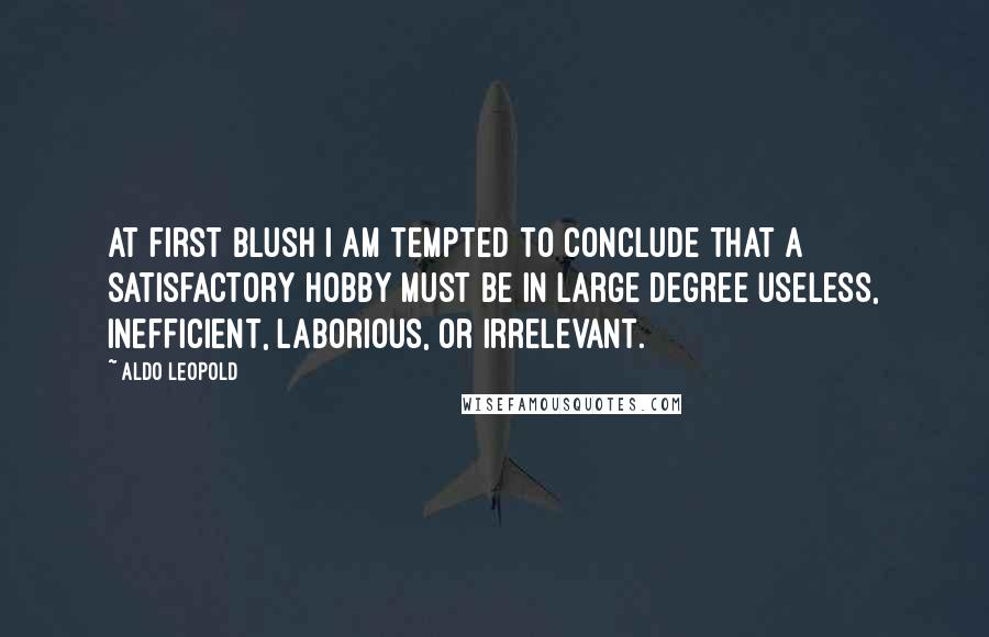 Aldo Leopold Quotes: At first blush I am tempted to conclude that a satisfactory hobby must be in large degree useless, inefficient, laborious, or irrelevant.