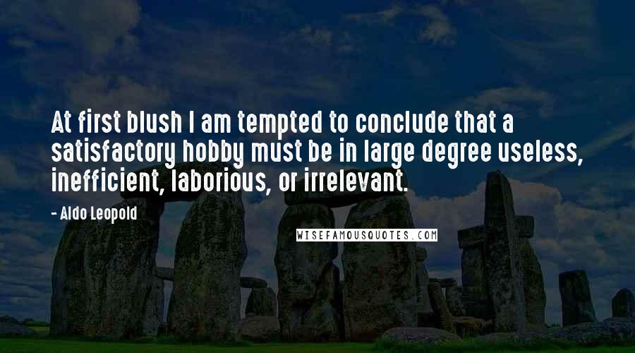 Aldo Leopold Quotes: At first blush I am tempted to conclude that a satisfactory hobby must be in large degree useless, inefficient, laborious, or irrelevant.