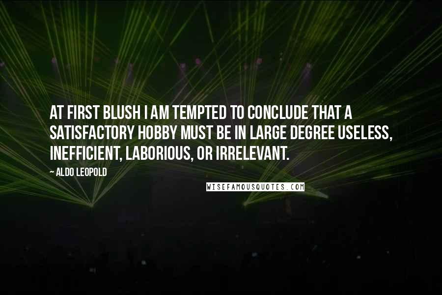 Aldo Leopold Quotes: At first blush I am tempted to conclude that a satisfactory hobby must be in large degree useless, inefficient, laborious, or irrelevant.