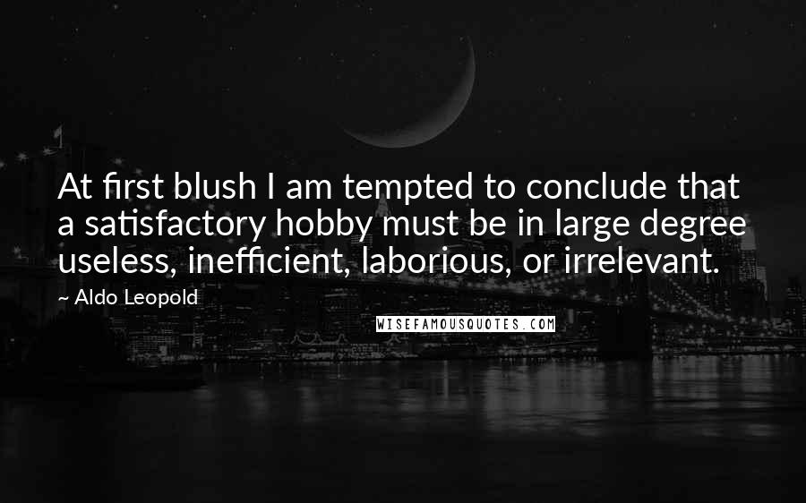 Aldo Leopold Quotes: At first blush I am tempted to conclude that a satisfactory hobby must be in large degree useless, inefficient, laborious, or irrelevant.