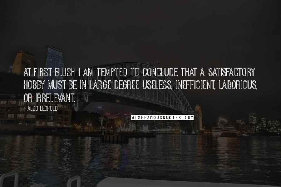 Aldo Leopold Quotes: At first blush I am tempted to conclude that a satisfactory hobby must be in large degree useless, inefficient, laborious, or irrelevant.