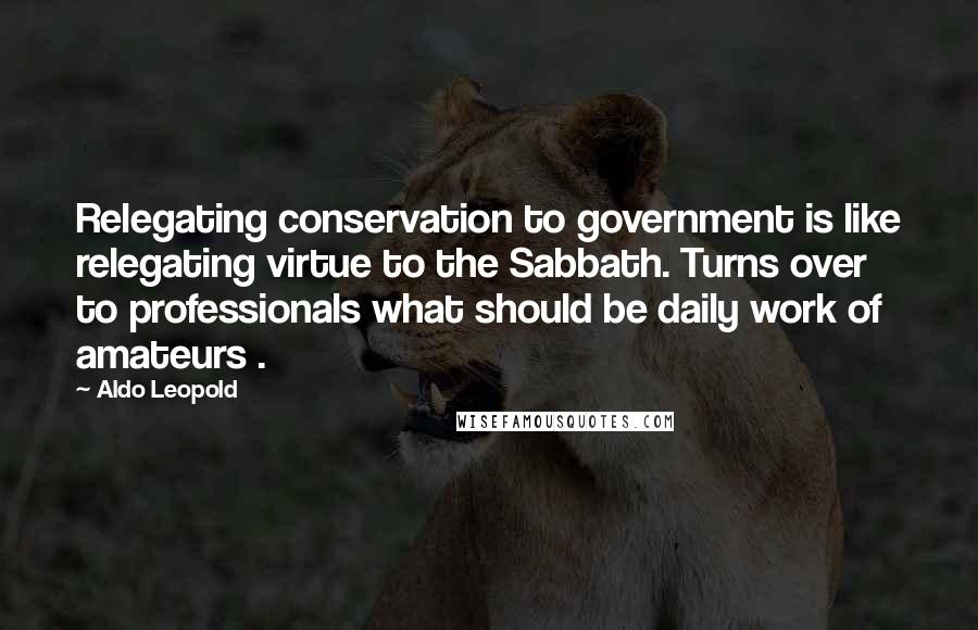 Aldo Leopold Quotes: Relegating conservation to government is like relegating virtue to the Sabbath. Turns over to professionals what should be daily work of amateurs .