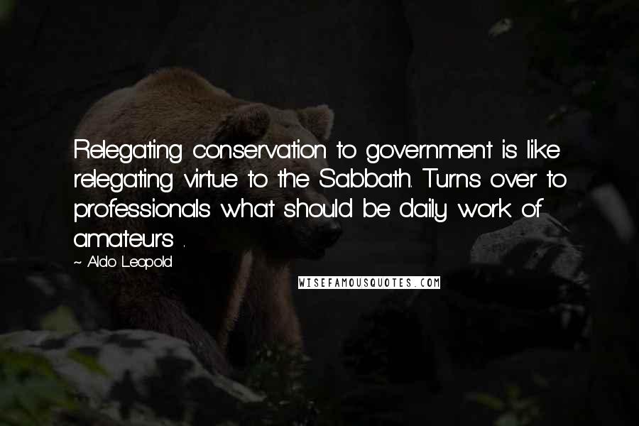 Aldo Leopold Quotes: Relegating conservation to government is like relegating virtue to the Sabbath. Turns over to professionals what should be daily work of amateurs .