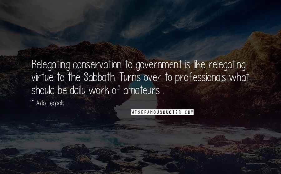 Aldo Leopold Quotes: Relegating conservation to government is like relegating virtue to the Sabbath. Turns over to professionals what should be daily work of amateurs .