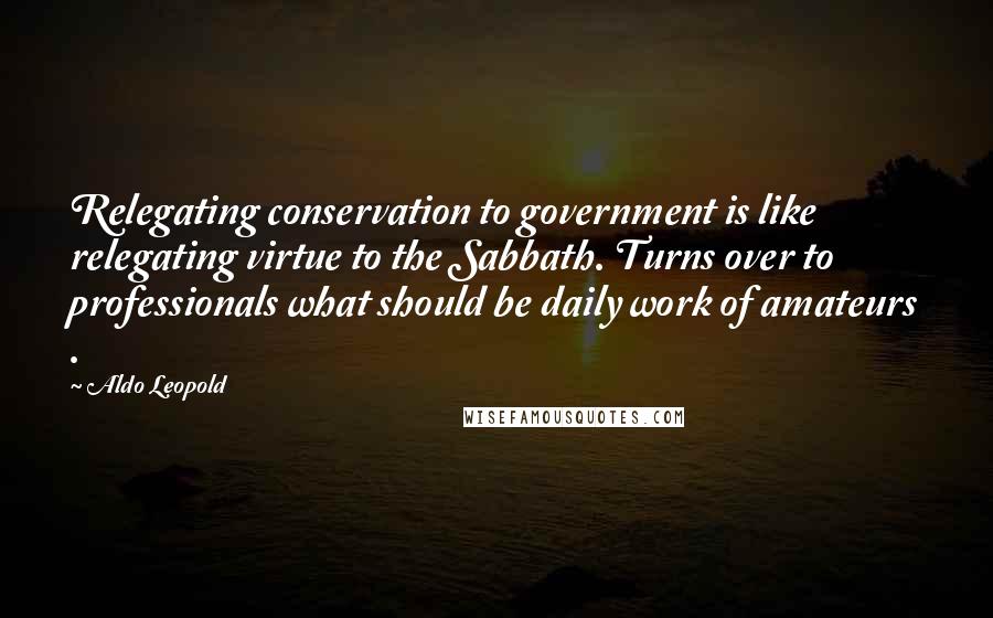 Aldo Leopold Quotes: Relegating conservation to government is like relegating virtue to the Sabbath. Turns over to professionals what should be daily work of amateurs .