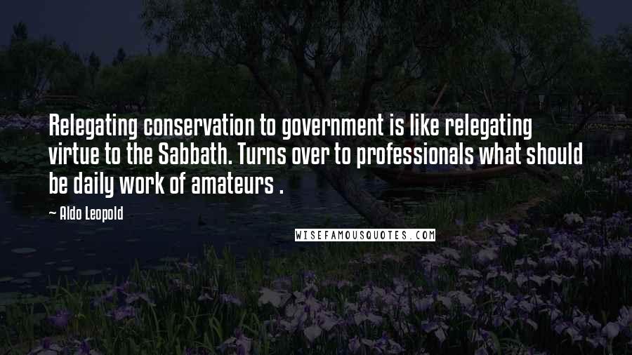 Aldo Leopold Quotes: Relegating conservation to government is like relegating virtue to the Sabbath. Turns over to professionals what should be daily work of amateurs .