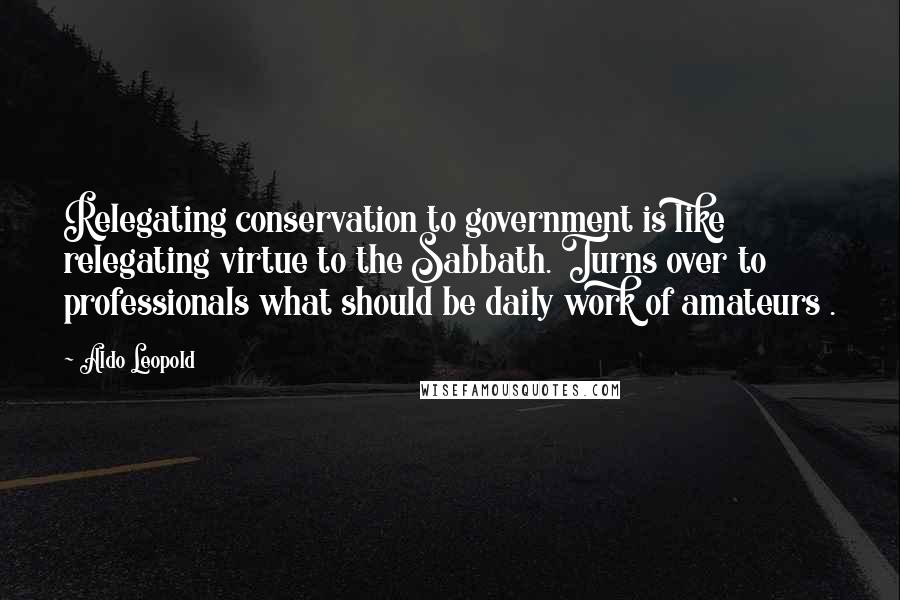 Aldo Leopold Quotes: Relegating conservation to government is like relegating virtue to the Sabbath. Turns over to professionals what should be daily work of amateurs .