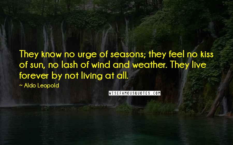 Aldo Leopold Quotes: They know no urge of seasons; they feel no kiss of sun, no lash of wind and weather. They live forever by not living at all.