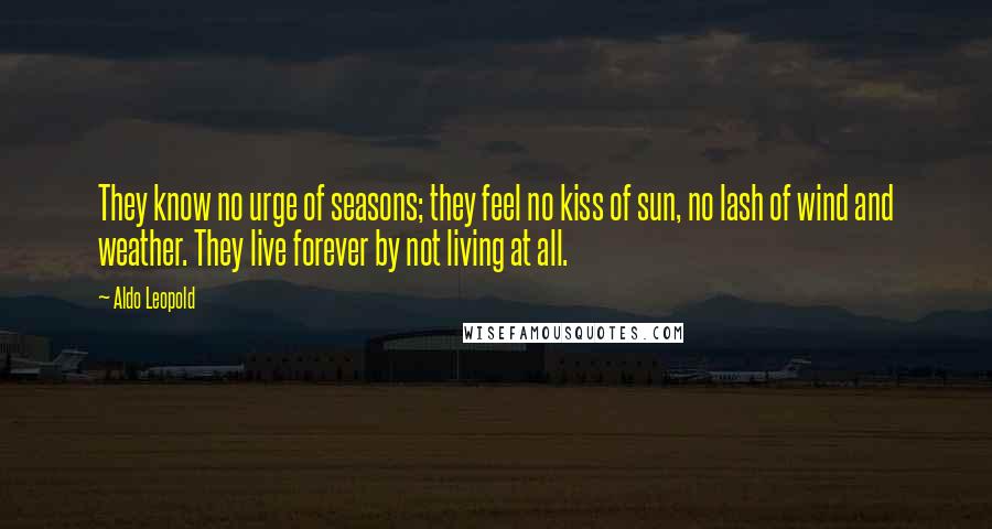 Aldo Leopold Quotes: They know no urge of seasons; they feel no kiss of sun, no lash of wind and weather. They live forever by not living at all.