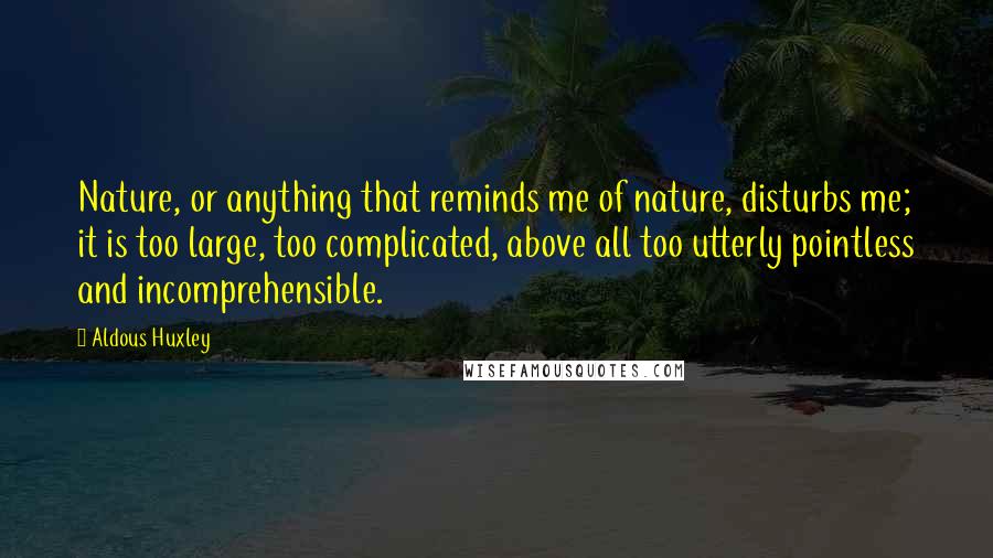 Aldous Huxley Quotes: Nature, or anything that reminds me of nature, disturbs me; it is too large, too complicated, above all too utterly pointless and incomprehensible.