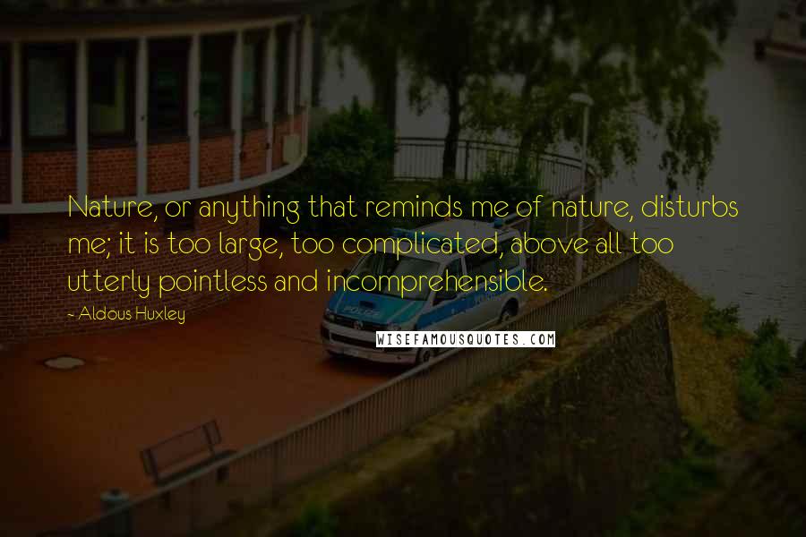 Aldous Huxley Quotes: Nature, or anything that reminds me of nature, disturbs me; it is too large, too complicated, above all too utterly pointless and incomprehensible.