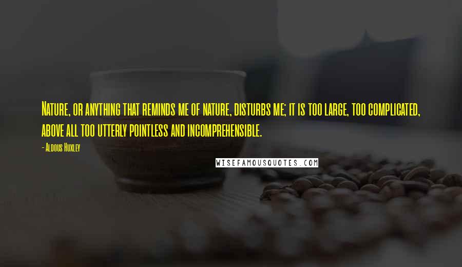Aldous Huxley Quotes: Nature, or anything that reminds me of nature, disturbs me; it is too large, too complicated, above all too utterly pointless and incomprehensible.