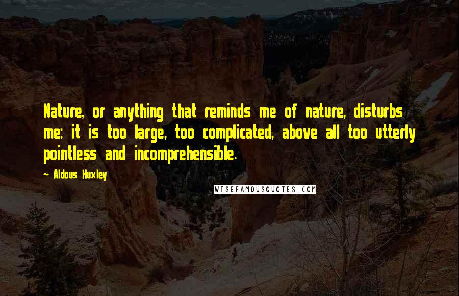 Aldous Huxley Quotes: Nature, or anything that reminds me of nature, disturbs me; it is too large, too complicated, above all too utterly pointless and incomprehensible.