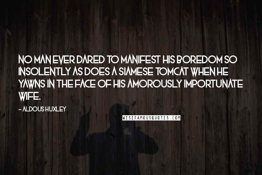 Aldous Huxley Quotes: No man ever dared to manifest his boredom so insolently as does a Siamese tomcat when he yawns in the face of his amorously importunate wife.