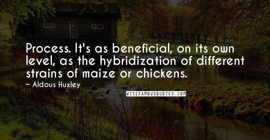 Aldous Huxley Quotes: Process. It's as beneficial, on its own level, as the hybridization of different strains of maize or chickens.