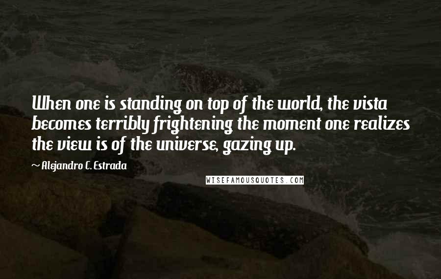 Alejandro C. Estrada Quotes: When one is standing on top of the world, the vista becomes terribly frightening the moment one realizes the view is of the universe, gazing up.