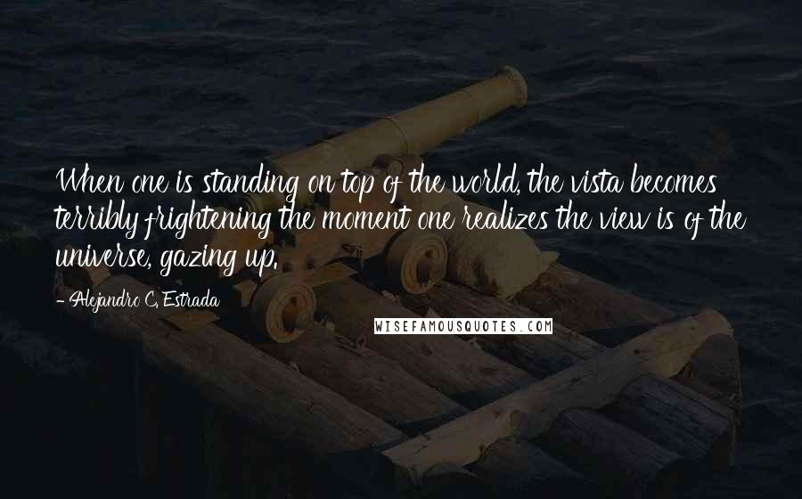 Alejandro C. Estrada Quotes: When one is standing on top of the world, the vista becomes terribly frightening the moment one realizes the view is of the universe, gazing up.