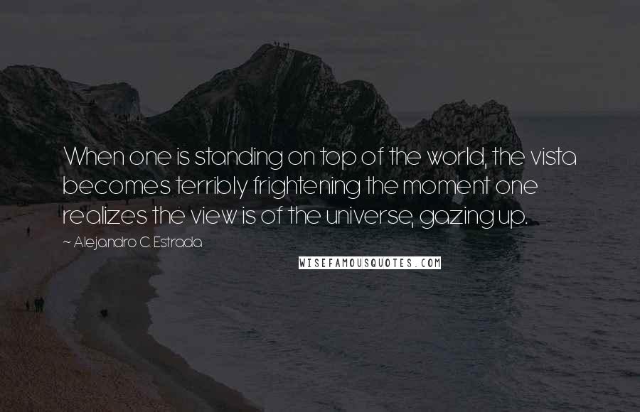 Alejandro C. Estrada Quotes: When one is standing on top of the world, the vista becomes terribly frightening the moment one realizes the view is of the universe, gazing up.