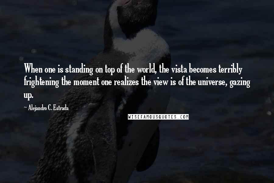 Alejandro C. Estrada Quotes: When one is standing on top of the world, the vista becomes terribly frightening the moment one realizes the view is of the universe, gazing up.