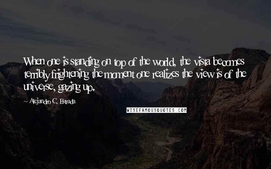 Alejandro C. Estrada Quotes: When one is standing on top of the world, the vista becomes terribly frightening the moment one realizes the view is of the universe, gazing up.