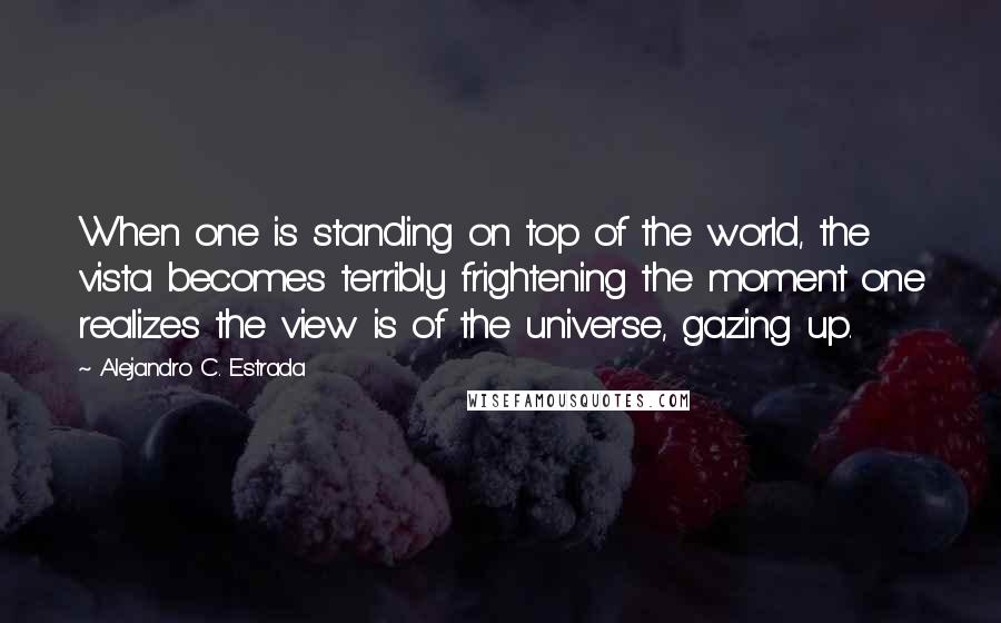 Alejandro C. Estrada Quotes: When one is standing on top of the world, the vista becomes terribly frightening the moment one realizes the view is of the universe, gazing up.