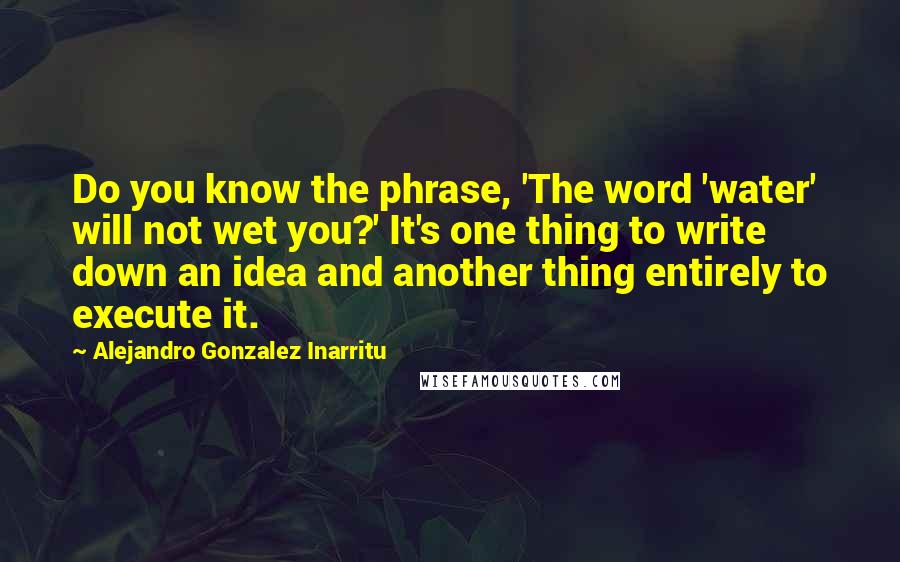 Alejandro Gonzalez Inarritu Quotes: Do you know the phrase, 'The word 'water' will not wet you?' It's one thing to write down an idea and another thing entirely to execute it.