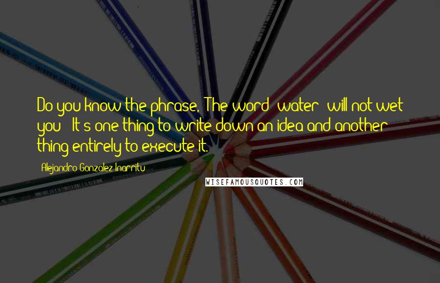 Alejandro Gonzalez Inarritu Quotes: Do you know the phrase, 'The word 'water' will not wet you?' It's one thing to write down an idea and another thing entirely to execute it.